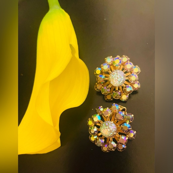 Gold and Aurora Borealis Rhinestone Starburst Clip Earrings - Picture 3 of 13